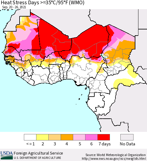 Western Africa Heat Stress Days >=35°C/95°F (WMO) Thematic Map For 9/20/2021 - 9/26/2021