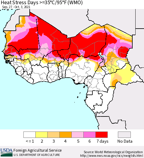 Western Africa Heat Stress Days >=35°C/95°F (WMO) Thematic Map For 9/27/2021 - 10/3/2021
