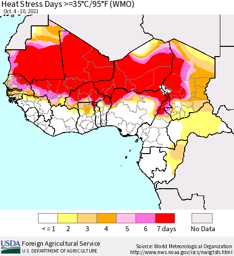 Western Africa Heat Stress Days >=35°C/95°F (WMO) Thematic Map For 10/4/2021 - 10/10/2021