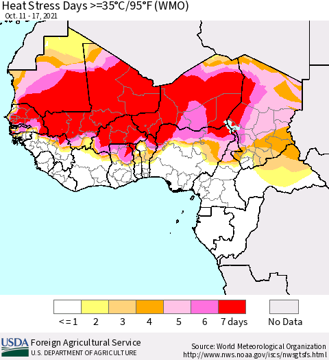 Western Africa Heat Stress Days >=35°C/95°F (WMO) Thematic Map For 10/11/2021 - 10/17/2021