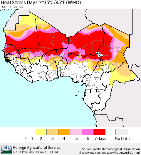 Western Africa Heat Stress Days >=35°C/95°F (WMO) Thematic Map For 10/18/2021 - 10/24/2021