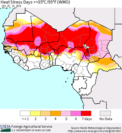 Western Africa Heat Stress Days >=35°C/95°F (WMO) Thematic Map For 10/25/2021 - 10/31/2021