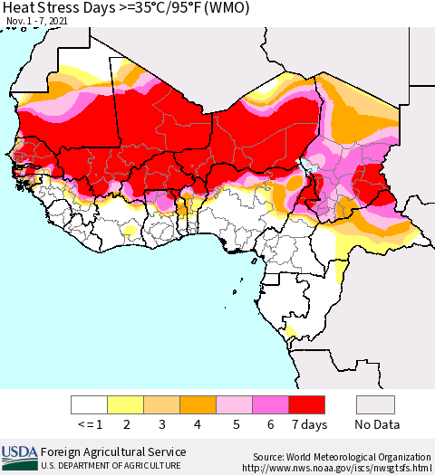 Western Africa Heat Stress Days >=35°C/95°F (WMO) Thematic Map For 11/1/2021 - 11/7/2021