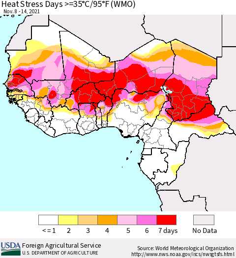 Western Africa Heat Stress Days >=35°C/95°F (WMO) Thematic Map For 11/8/2021 - 11/14/2021