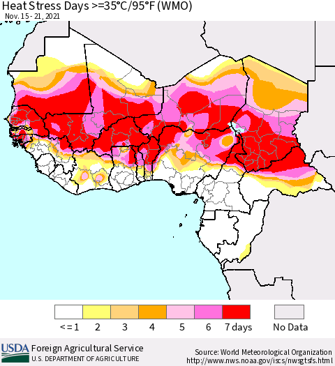 Western Africa Heat Stress Days >=35°C/95°F (WMO) Thematic Map For 11/15/2021 - 11/21/2021