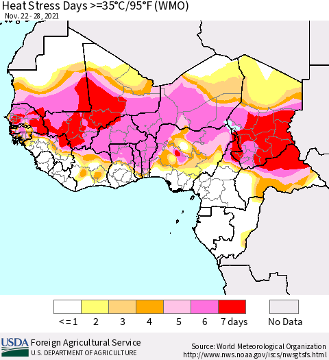 Western Africa Heat Stress Days >=35°C/95°F (WMO) Thematic Map For 11/22/2021 - 11/28/2021