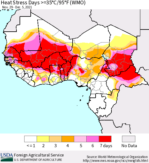 Western Africa Heat Stress Days >=35°C/95°F (WMO) Thematic Map For 11/29/2021 - 12/5/2021