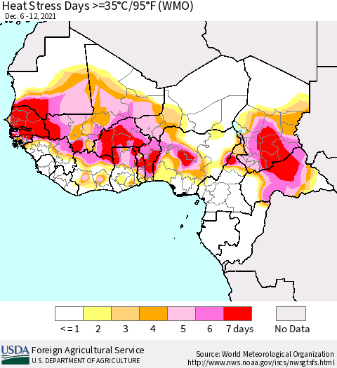 Western Africa Heat Stress Days >=35°C/95°F (WMO) Thematic Map For 12/6/2021 - 12/12/2021