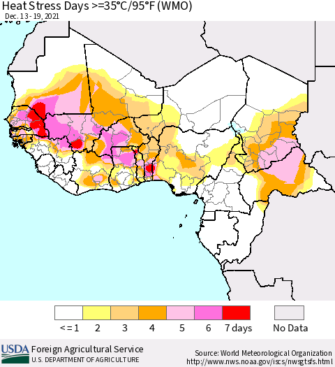 Western Africa Heat Stress Days >=35°C/95°F (WMO) Thematic Map For 12/13/2021 - 12/19/2021