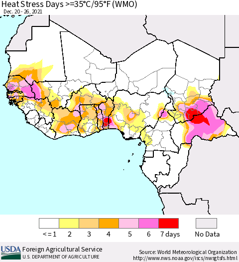 Western Africa Heat Stress Days >=35°C/95°F (WMO) Thematic Map For 12/20/2021 - 12/26/2021