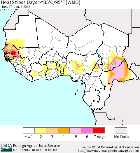 Western Africa Heat Stress Days >=35°C/95°F (WMO) Thematic Map For 12/27/2021 - 1/2/2022