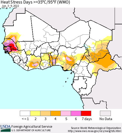 Western Africa Heat Stress Days >=35°C/95°F (WMO) Thematic Map For 1/3/2022 - 1/9/2022