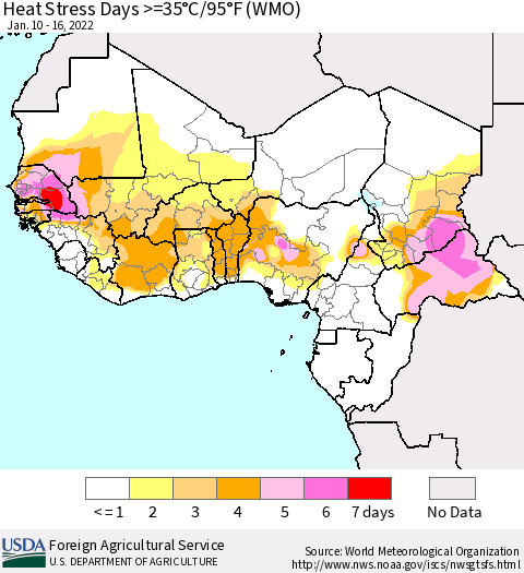 Western Africa Heat Stress Days >=35°C/95°F (WMO) Thematic Map For 1/10/2022 - 1/16/2022