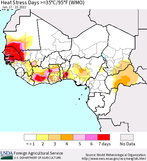 Western Africa Heat Stress Days >=35°C/95°F (WMO) Thematic Map For 1/17/2022 - 1/23/2022