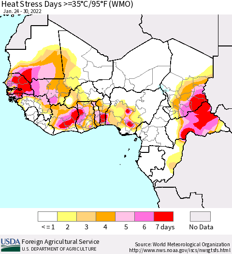 Western Africa Heat Stress Days >=35°C/95°F (WMO) Thematic Map For 1/24/2022 - 1/30/2022