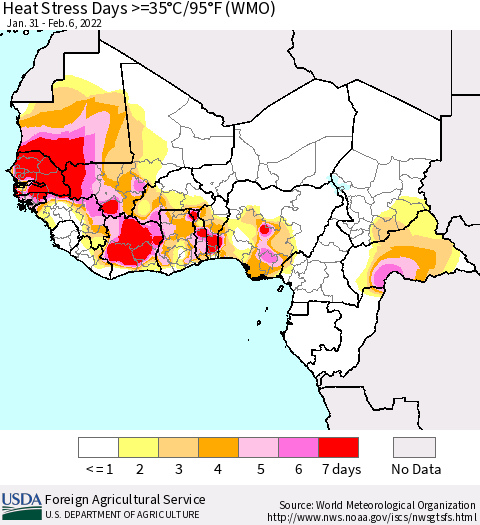 Western Africa Heat Stress Days >=35°C/95°F (WMO) Thematic Map For 1/31/2022 - 2/6/2022