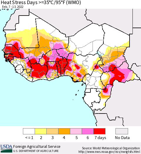 Western Africa Heat Stress Days >=35°C/95°F (WMO) Thematic Map For 2/7/2022 - 2/13/2022