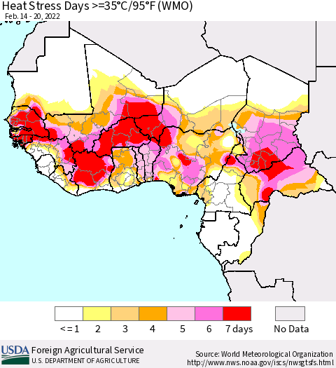 Western Africa Heat Stress Days >=35°C/95°F (WMO) Thematic Map For 2/14/2022 - 2/20/2022