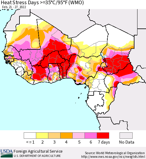 Western Africa Heat Stress Days >=35°C/95°F (WMO) Thematic Map For 2/21/2022 - 2/27/2022