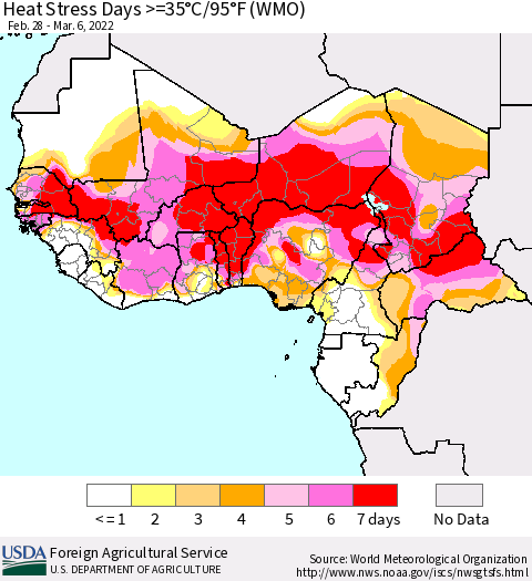 Western Africa Heat Stress Days >=35°C/95°F (WMO) Thematic Map For 2/28/2022 - 3/6/2022