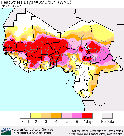 Western Africa Heat Stress Days >=35°C/95°F (WMO) Thematic Map For 3/7/2022 - 3/13/2022