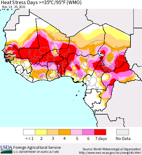 Western Africa Heat Stress Days >=35°C/95°F (WMO) Thematic Map For 3/14/2022 - 3/20/2022
