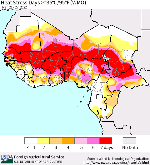 Western Africa Heat Stress Days >=35°C/95°F (WMO) Thematic Map For 3/21/2022 - 3/27/2022