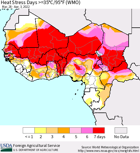 Western Africa Heat Stress Days >=35°C/95°F (WMO) Thematic Map For 3/28/2022 - 4/3/2022
