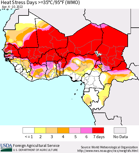 Western Africa Heat Stress Days >=35°C/95°F (WMO) Thematic Map For 4/4/2022 - 4/10/2022