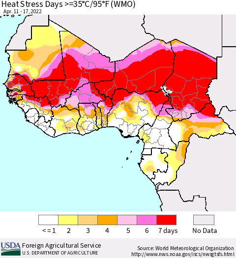 Western Africa Heat Stress Days >=35°C/95°F (WMO) Thematic Map For 4/11/2022 - 4/17/2022