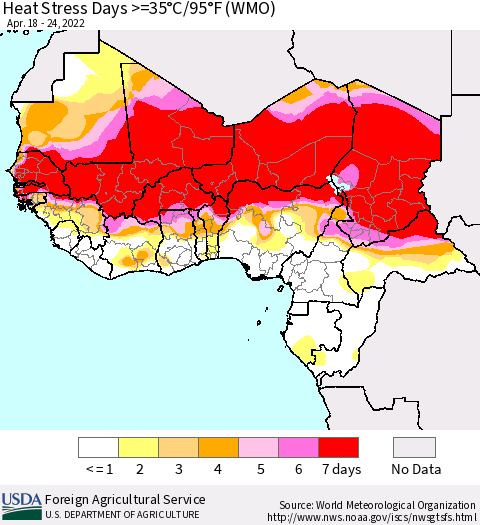 Western Africa Heat Stress Days >=35°C/95°F (WMO) Thematic Map For 4/18/2022 - 4/24/2022