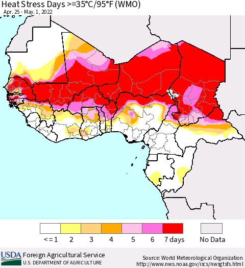Western Africa Heat Stress Days >=35°C/95°F (WMO) Thematic Map For 4/25/2022 - 5/1/2022