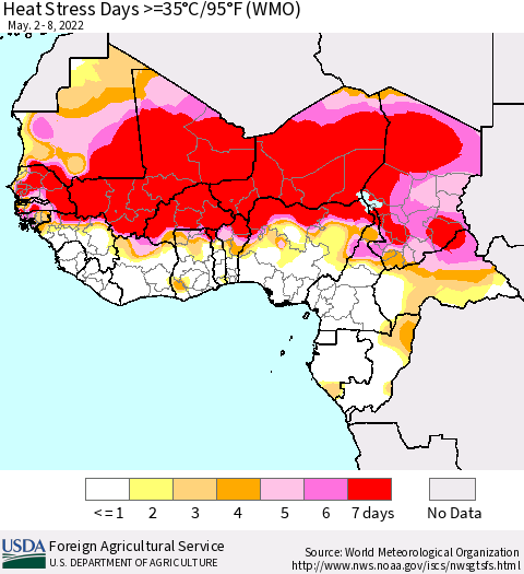 Western Africa Heat Stress Days >=35°C/95°F (WMO) Thematic Map For 5/2/2022 - 5/8/2022
