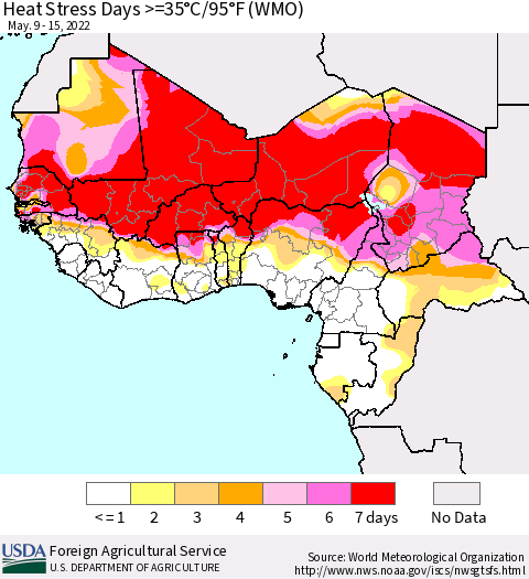 Western Africa Heat Stress Days >=35°C/95°F (WMO) Thematic Map For 5/9/2022 - 5/15/2022