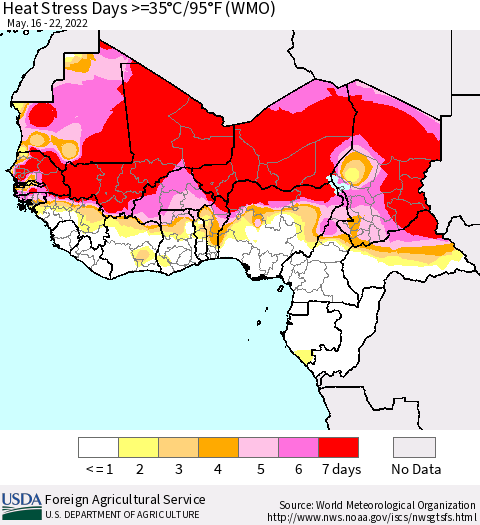 Western Africa Heat Stress Days >=35°C/95°F (WMO) Thematic Map For 5/16/2022 - 5/22/2022