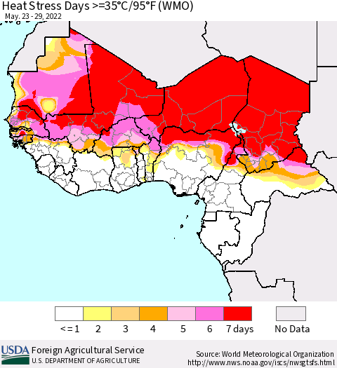 Western Africa Heat Stress Days >=35°C/95°F (WMO) Thematic Map For 5/23/2022 - 5/29/2022