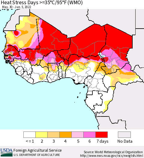 Western Africa Heat Stress Days >=35°C/95°F (WMO) Thematic Map For 5/30/2022 - 6/5/2022