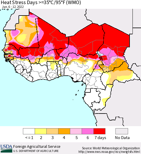Western Africa Heat Stress Days >=35°C/95°F (WMO) Thematic Map For 6/6/2022 - 6/12/2022