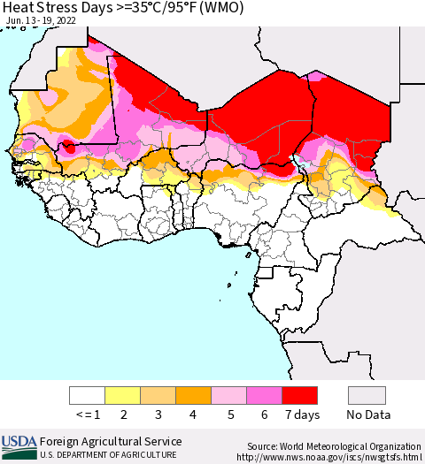Western Africa Heat Stress Days >=35°C/95°F (WMO) Thematic Map For 6/13/2022 - 6/19/2022