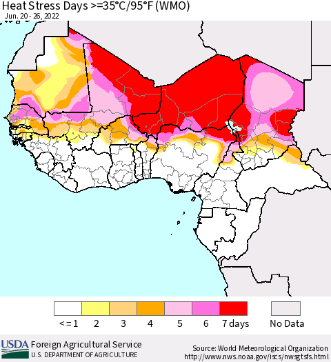 Western Africa Heat Stress Days >=35°C/95°F (WMO) Thematic Map For 6/20/2022 - 6/26/2022