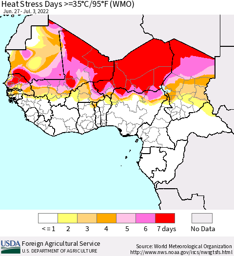 Western Africa Heat Stress Days >=35°C/95°F (WMO) Thematic Map For 6/27/2022 - 7/3/2022