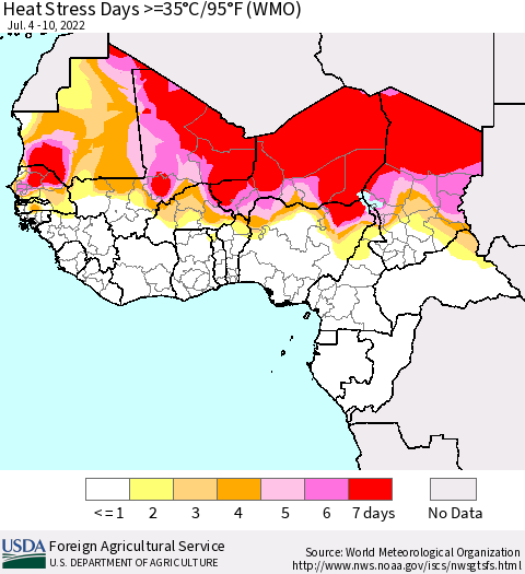 Western Africa Heat Stress Days >=35°C/95°F (WMO) Thematic Map For 7/4/2022 - 7/10/2022
