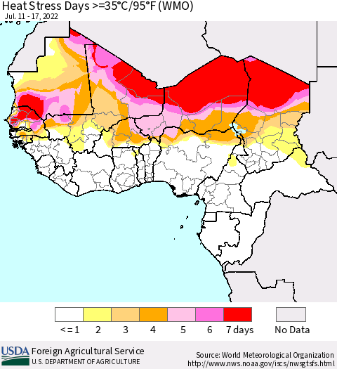 Western Africa Heat Stress Days >=35°C/95°F (WMO) Thematic Map For 7/11/2022 - 7/17/2022