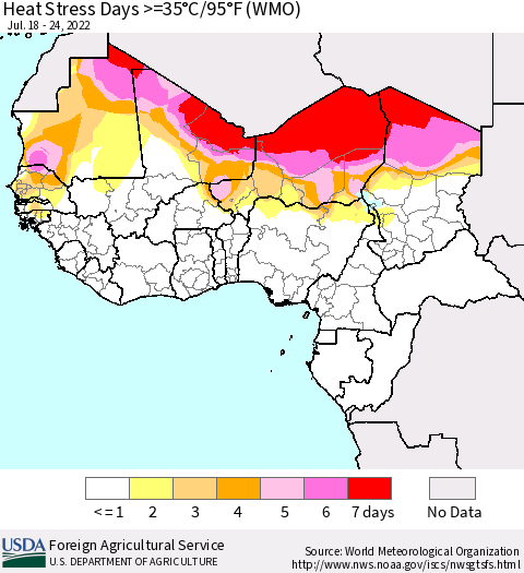 Western Africa Heat Stress Days >=35°C/95°F (WMO) Thematic Map For 7/18/2022 - 7/24/2022