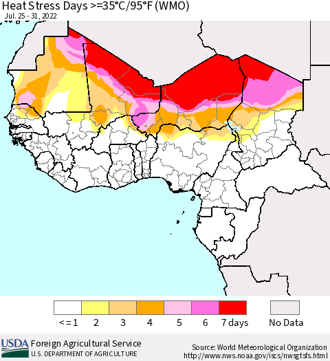 Western Africa Heat Stress Days >=35°C/95°F (WMO) Thematic Map For 7/25/2022 - 7/31/2022