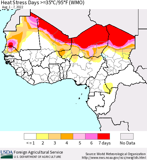 Western Africa Heat Stress Days >=35°C/95°F (WMO) Thematic Map For 8/1/2022 - 8/7/2022