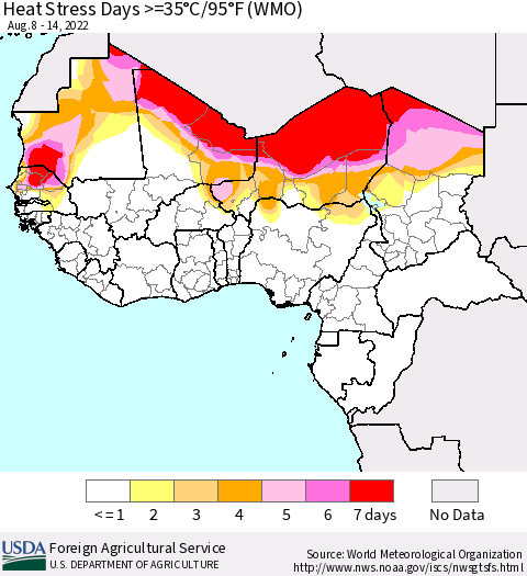 Western Africa Heat Stress Days >=35°C/95°F (WMO) Thematic Map For 8/8/2022 - 8/14/2022