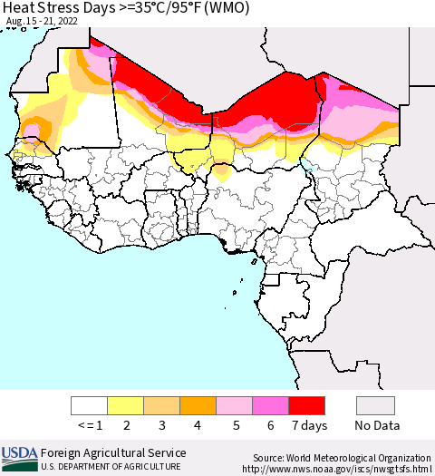 Western Africa Heat Stress Days >=35°C/95°F (WMO) Thematic Map For 8/15/2022 - 8/21/2022