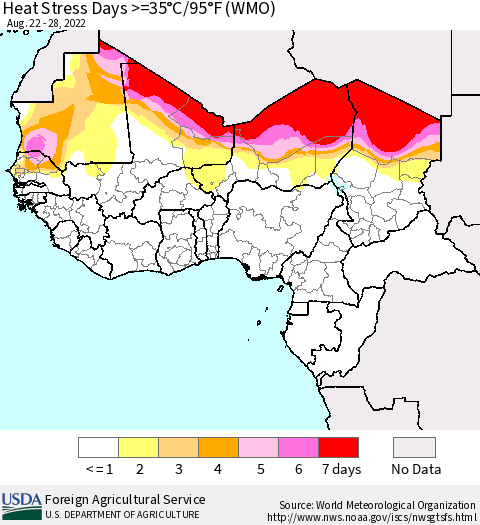 Western Africa Heat Stress Days >=35°C/95°F (WMO) Thematic Map For 8/22/2022 - 8/28/2022