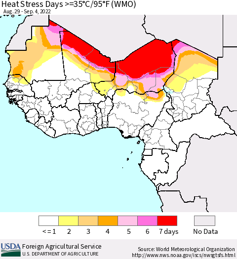 Western Africa Heat Stress Days >=35°C/95°F (WMO) Thematic Map For 8/29/2022 - 9/4/2022